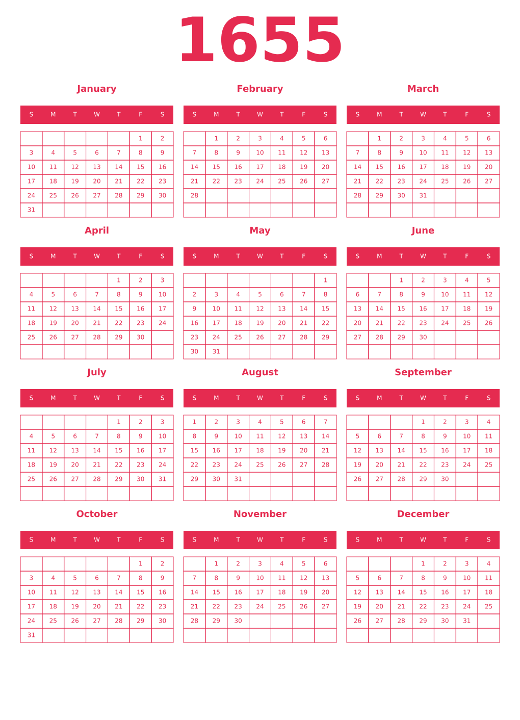 Printable 1655 Year Calendars amaranth