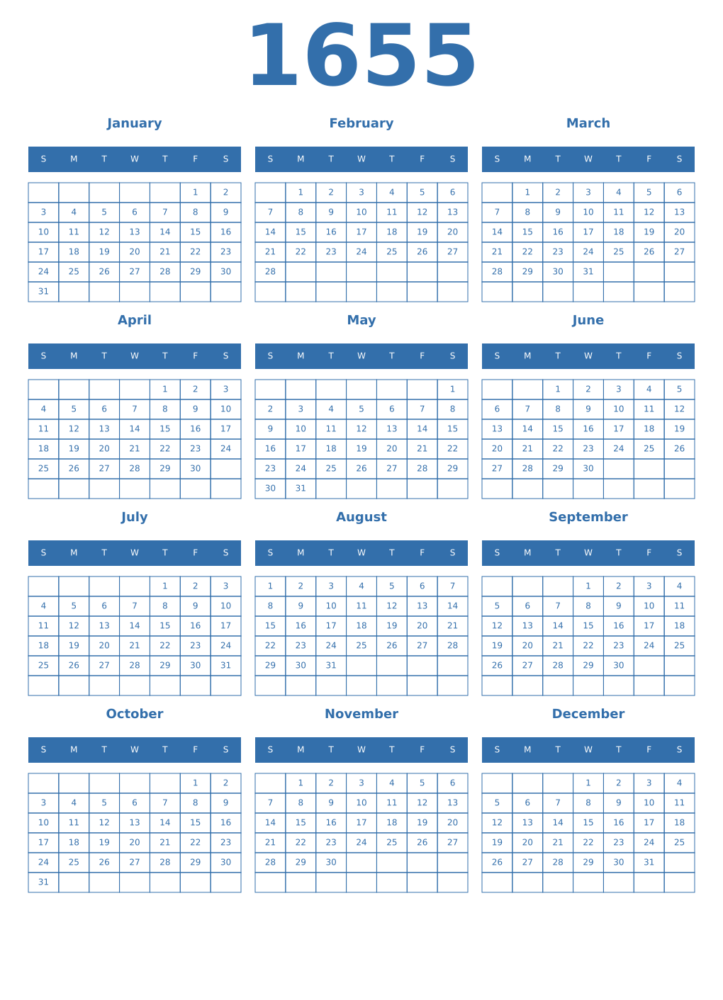 Printable 1655 Year Calendars blue