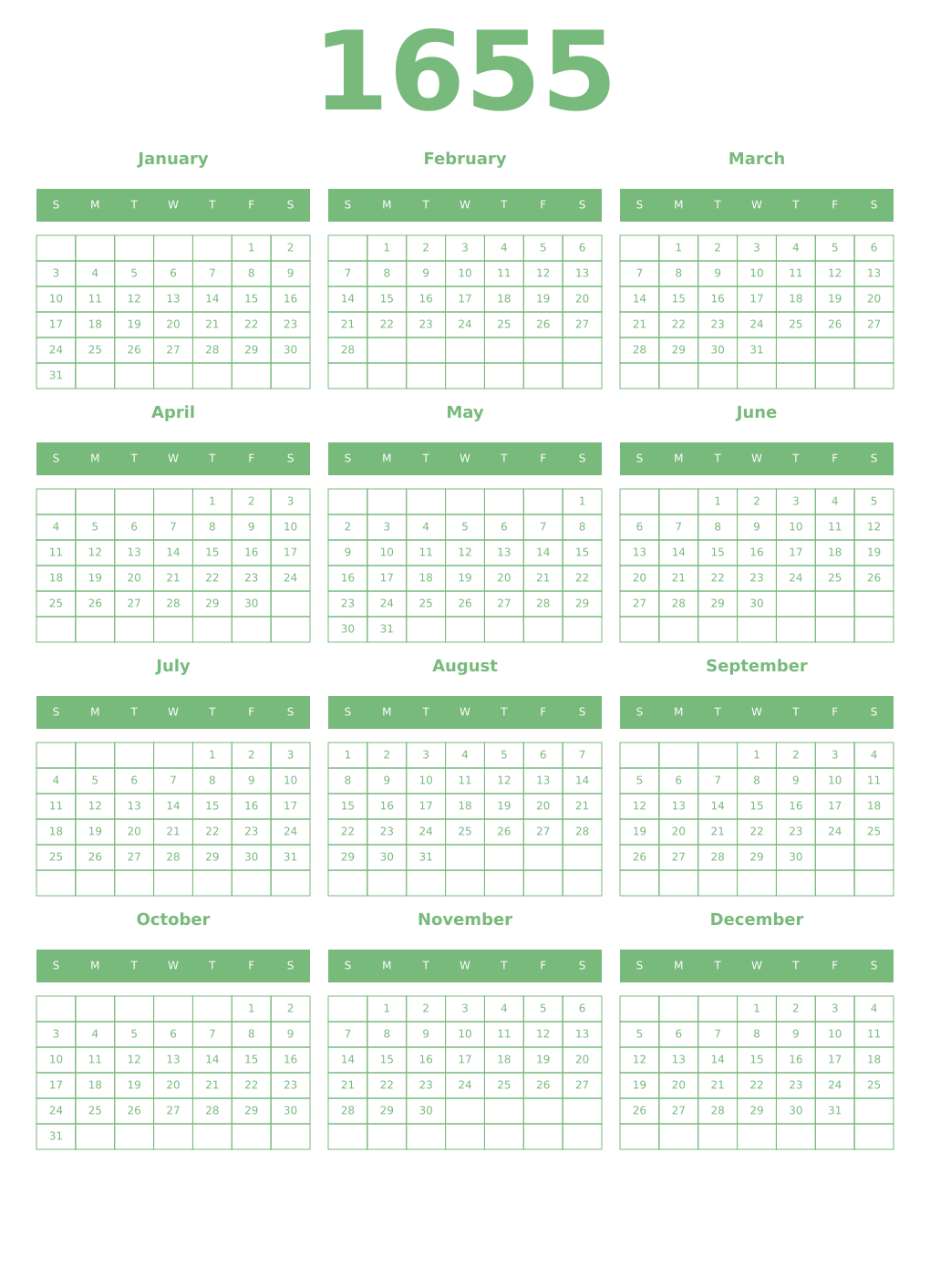 Printable 1655 Year Calendars celadon