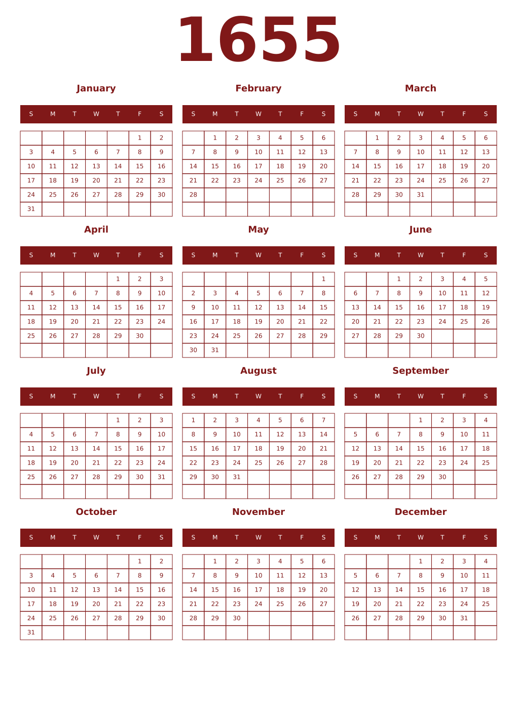 Printable 1655 Year Calendars falu