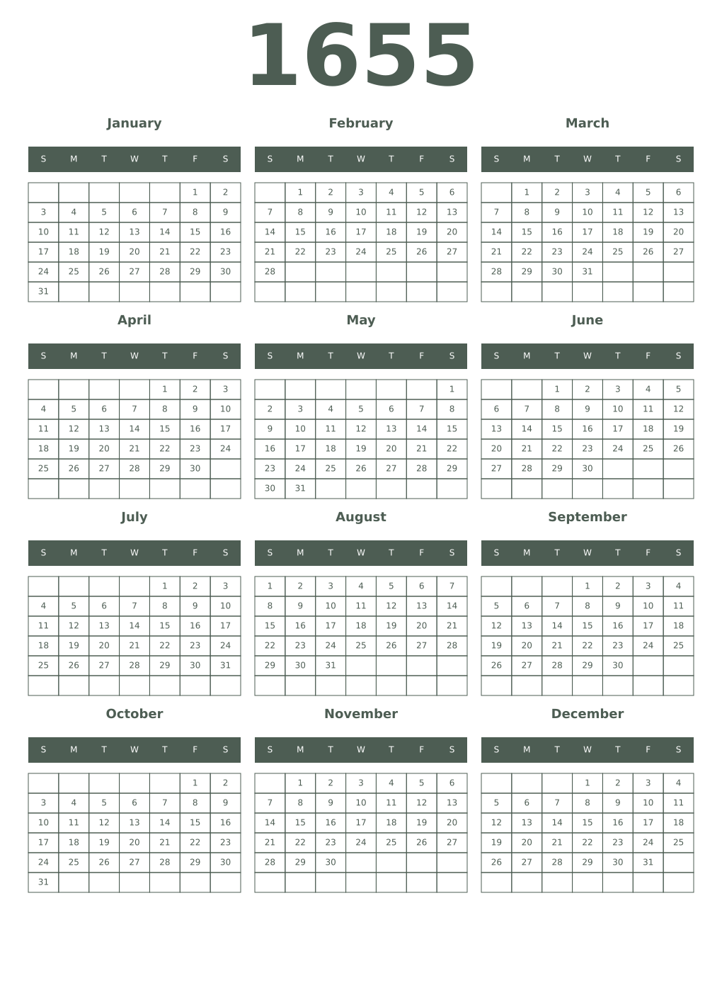 Printable 1655 Year Calendars feldgrau