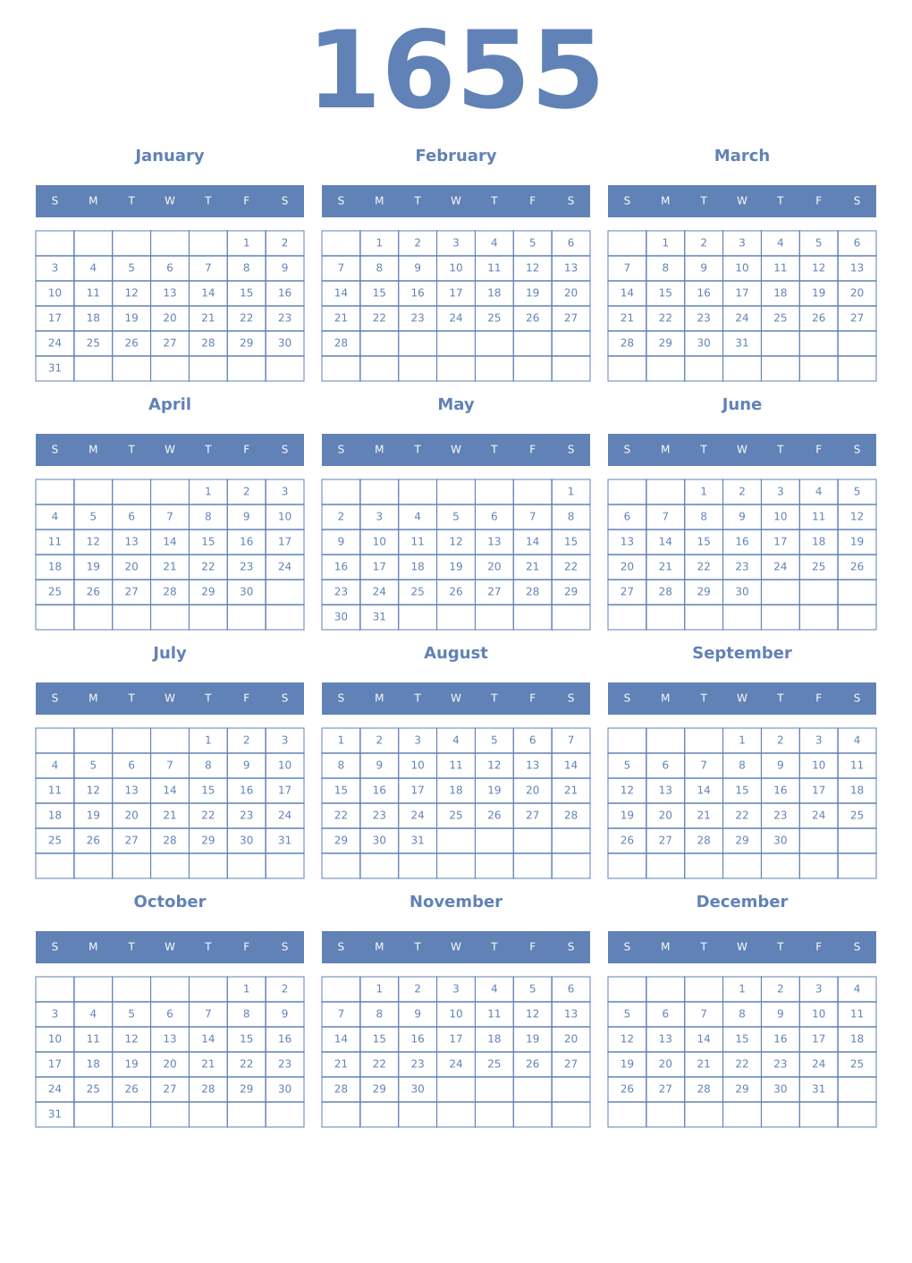 Printable 1655 Year Calendars glaucous