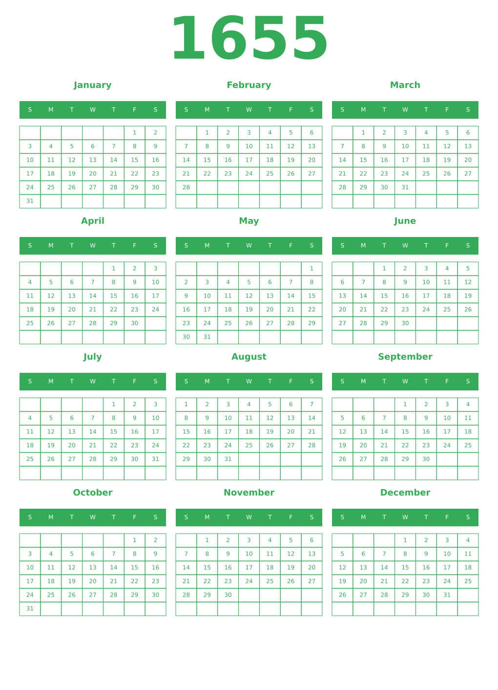 Printable 1655 Year Calendars green