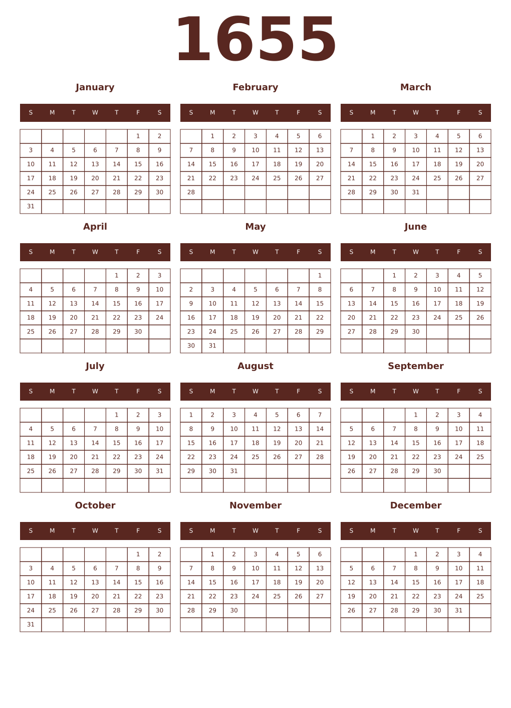Printable 1655 Year Calendars mortuum