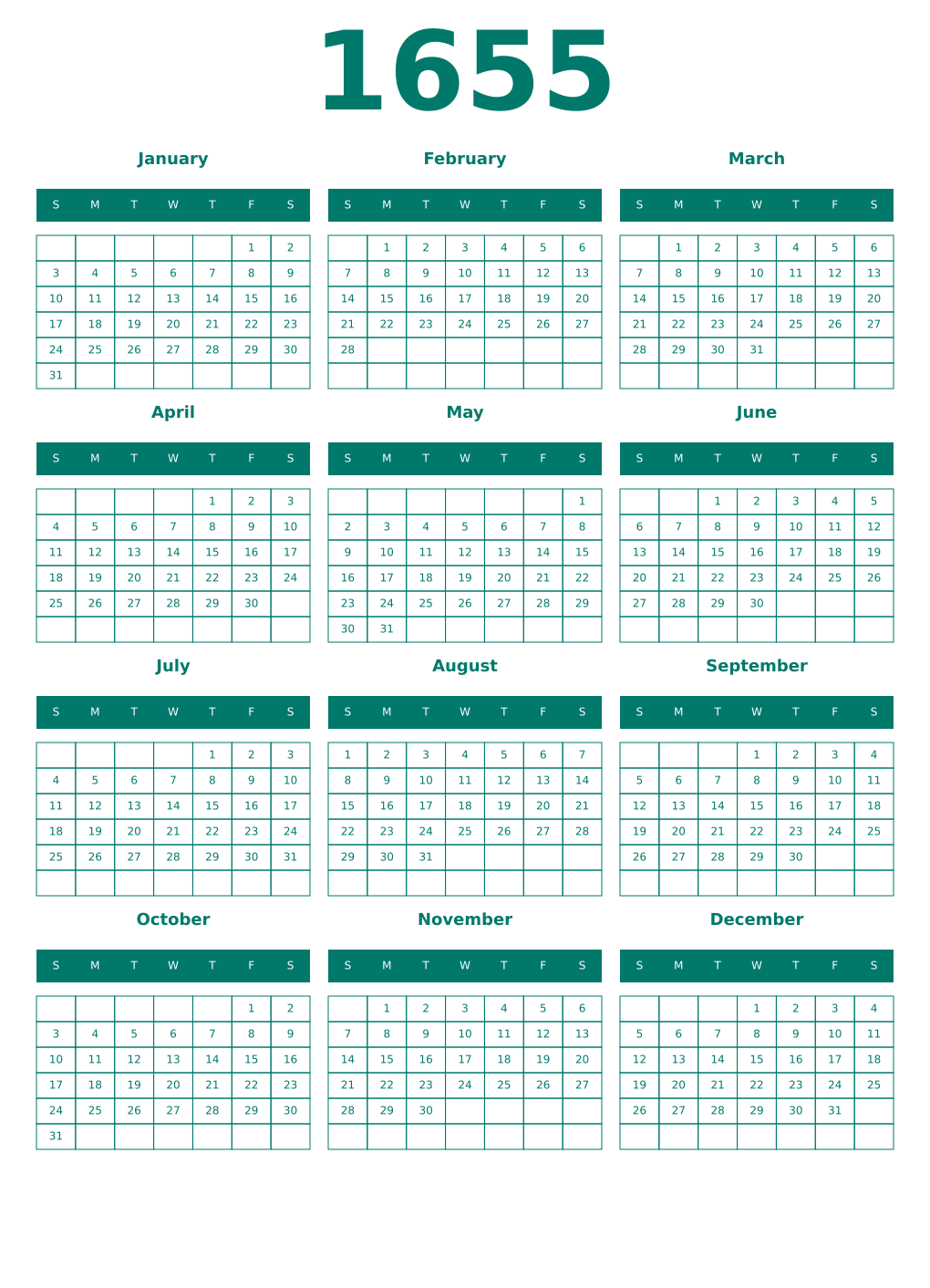 Printable 1655 Year Calendars pastel
