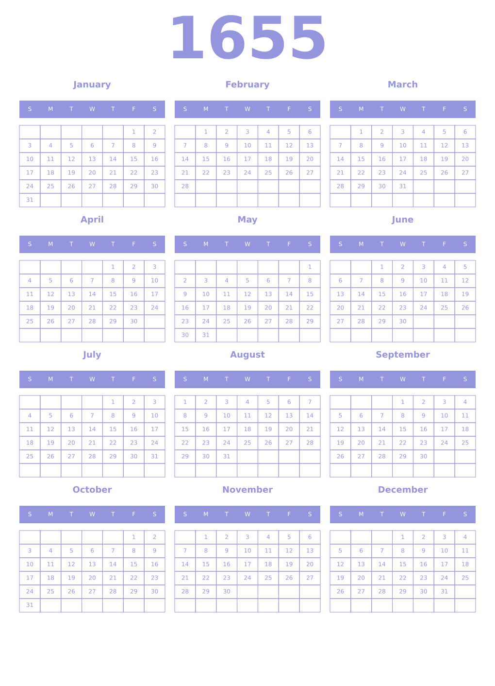 Printable 1655 Year Calendars periwinkle
