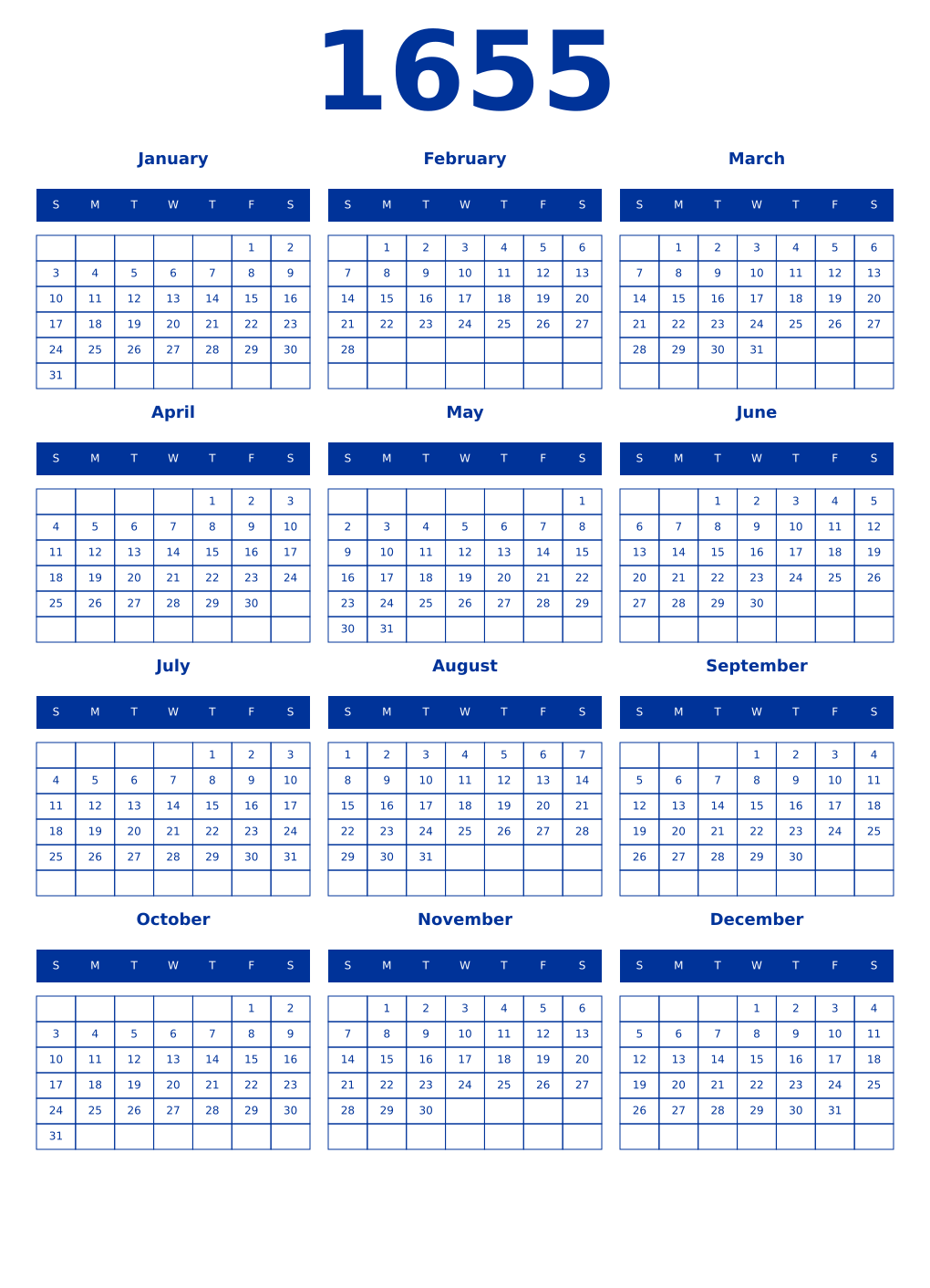 Printable 1655 Year Calendars smalt