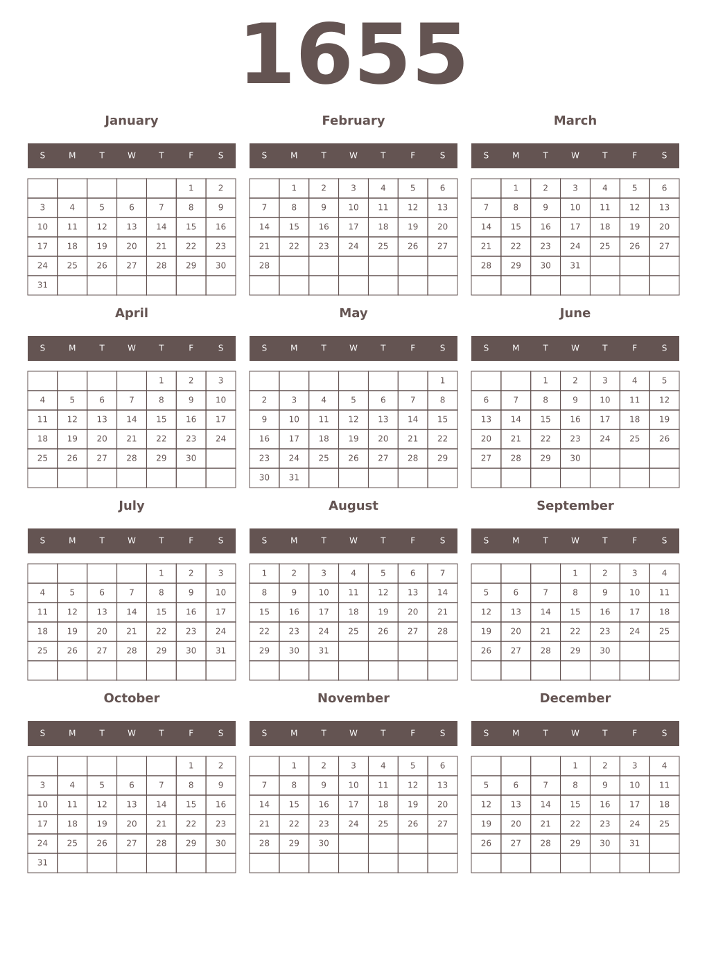 Printable 1655 Year Calendars wenge