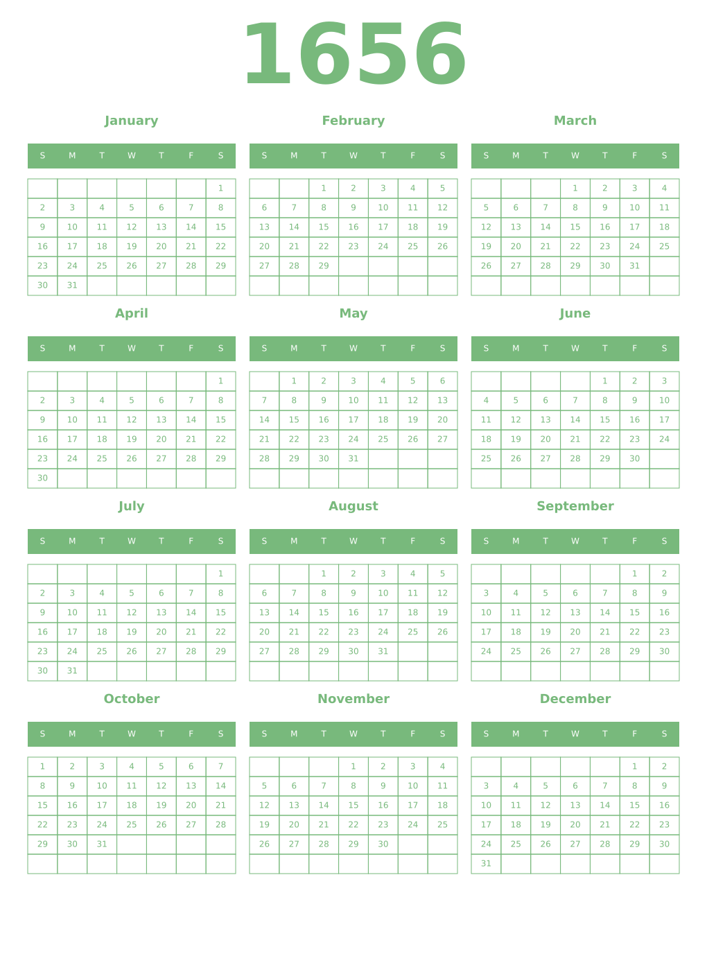 Printable 1656 Year Calendars celadon