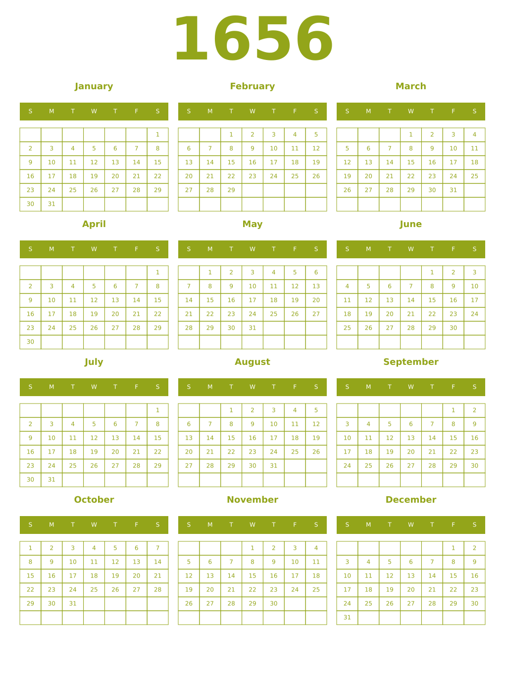 Printable 1656 Year Calendars chartreuse