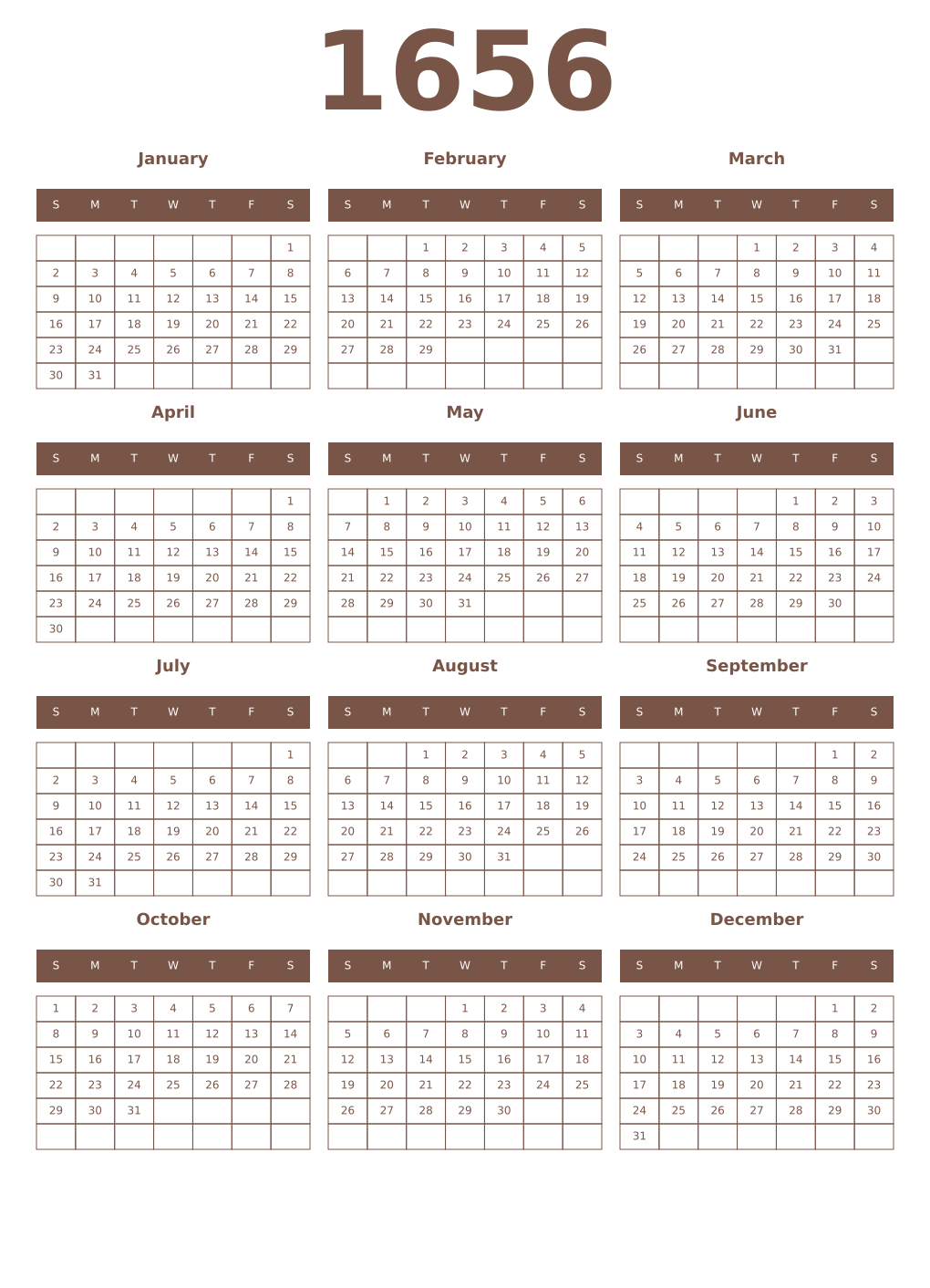 Printable 1656 Year Calendars coffe