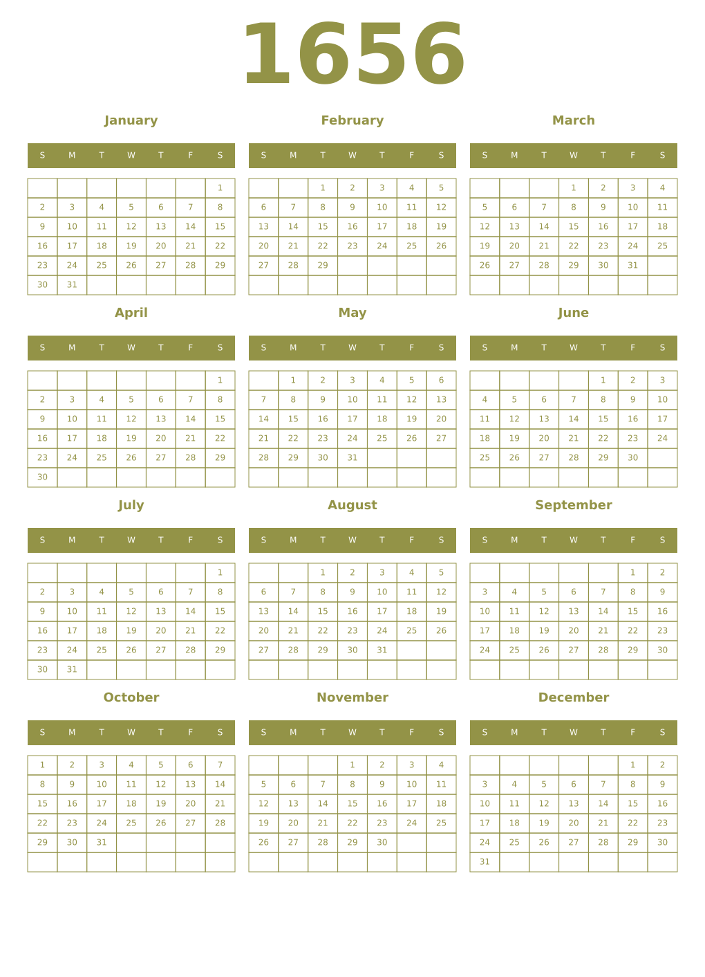 Printable 1656 Year Calendars eburnean