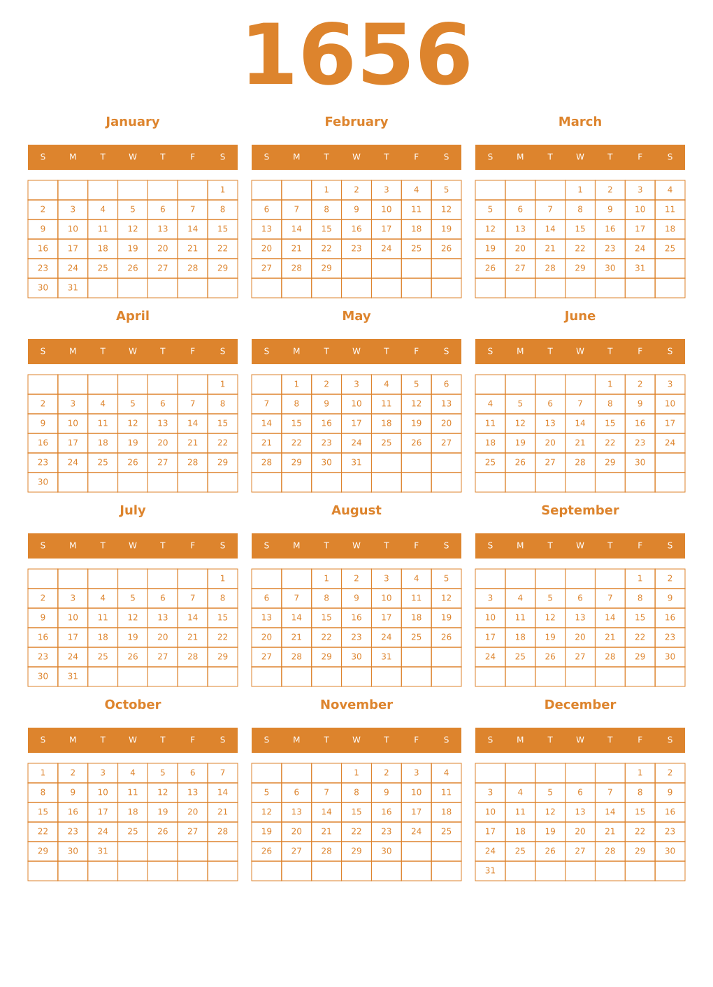Printable 1656 Year Calendars orange