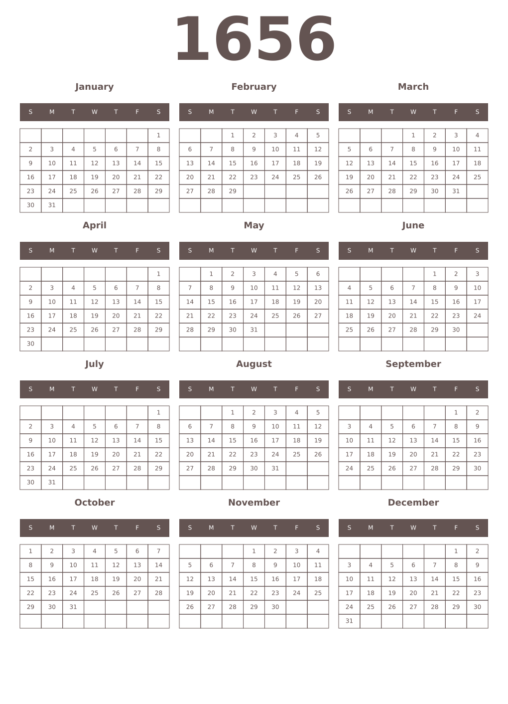 Printable 1656 Year Calendars wenge