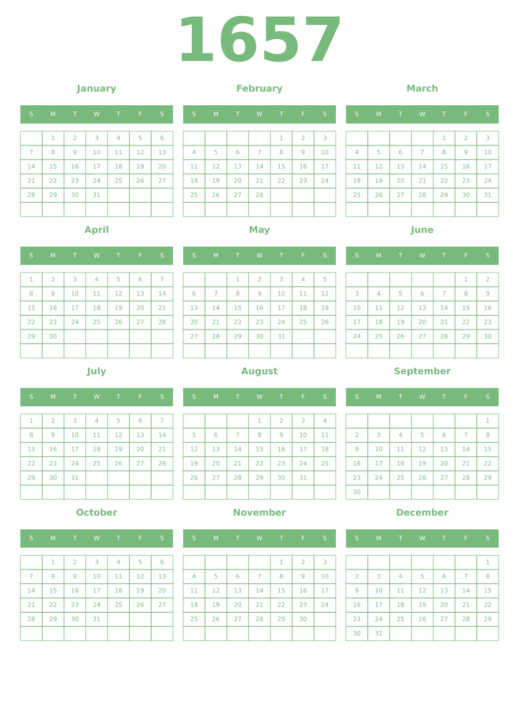 Printable 1657 Year Calendars celadon