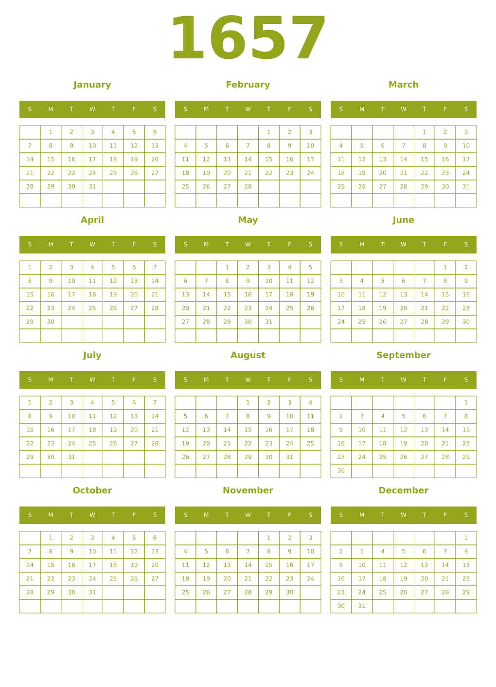 Printable 1657 Year Calendars chartreuse
