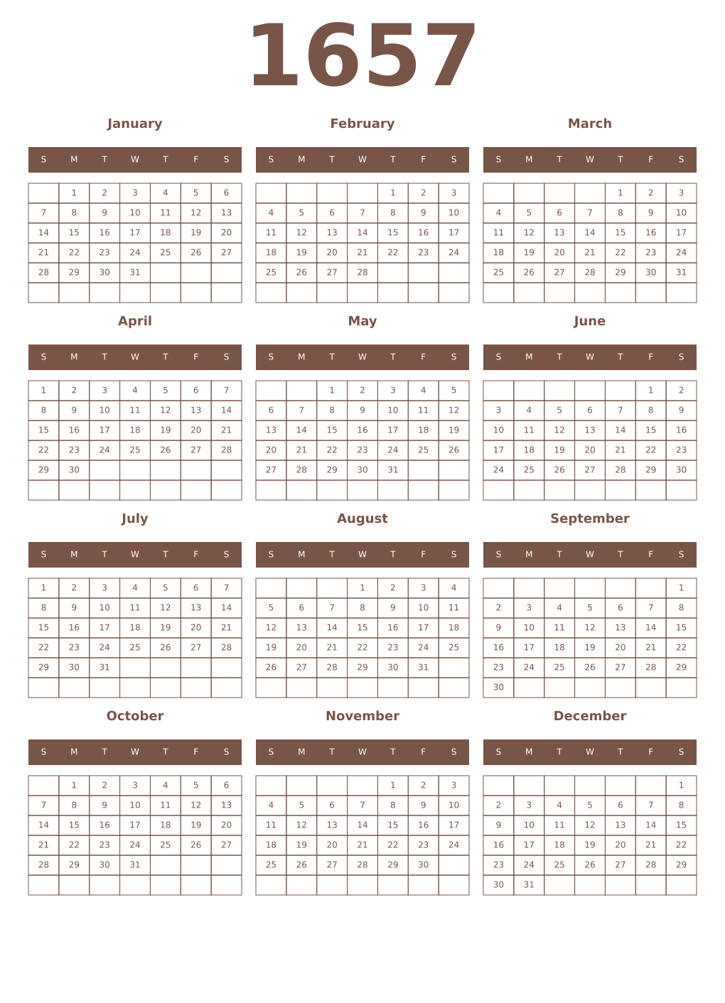 Printable 1657 Year Calendars coffe