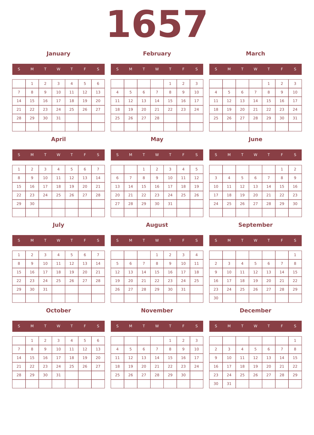Printable 1657 Year Calendars cordovan