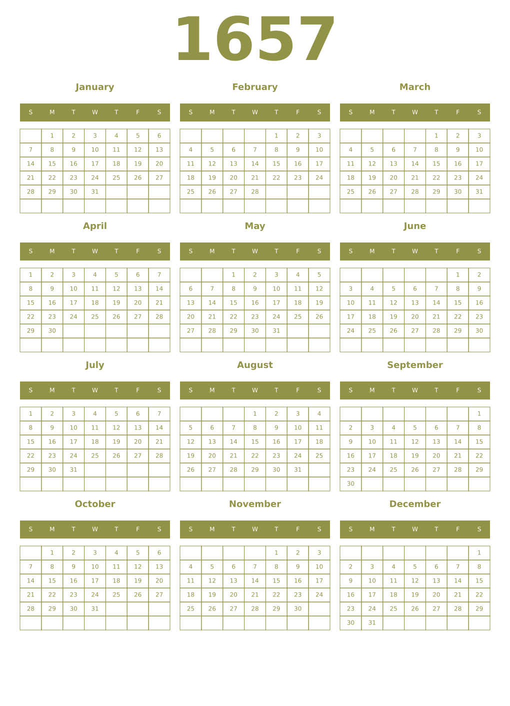 Printable 1657 Year Calendars eburnean