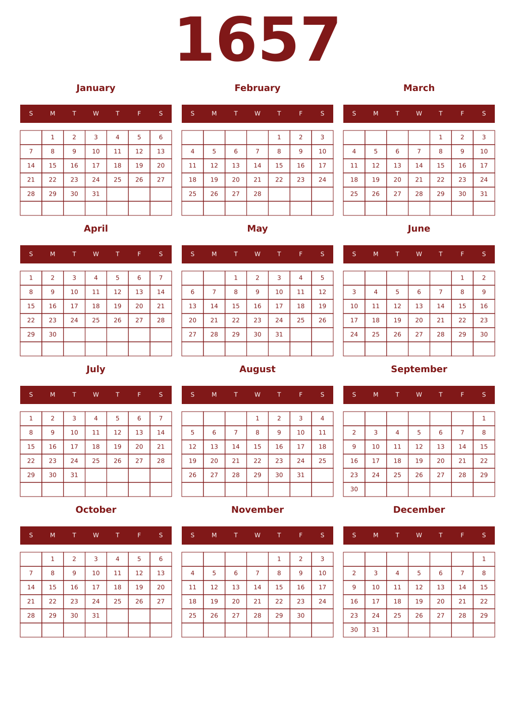 Printable 1657 Year Calendars falu