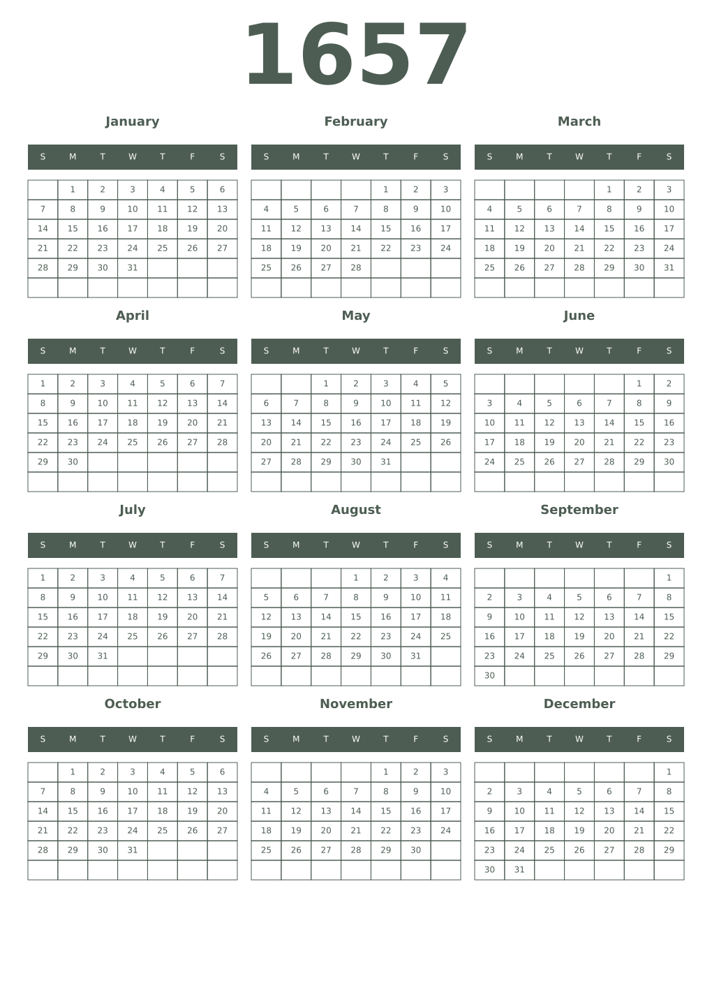 Printable 1657 Year Calendars feldgrau