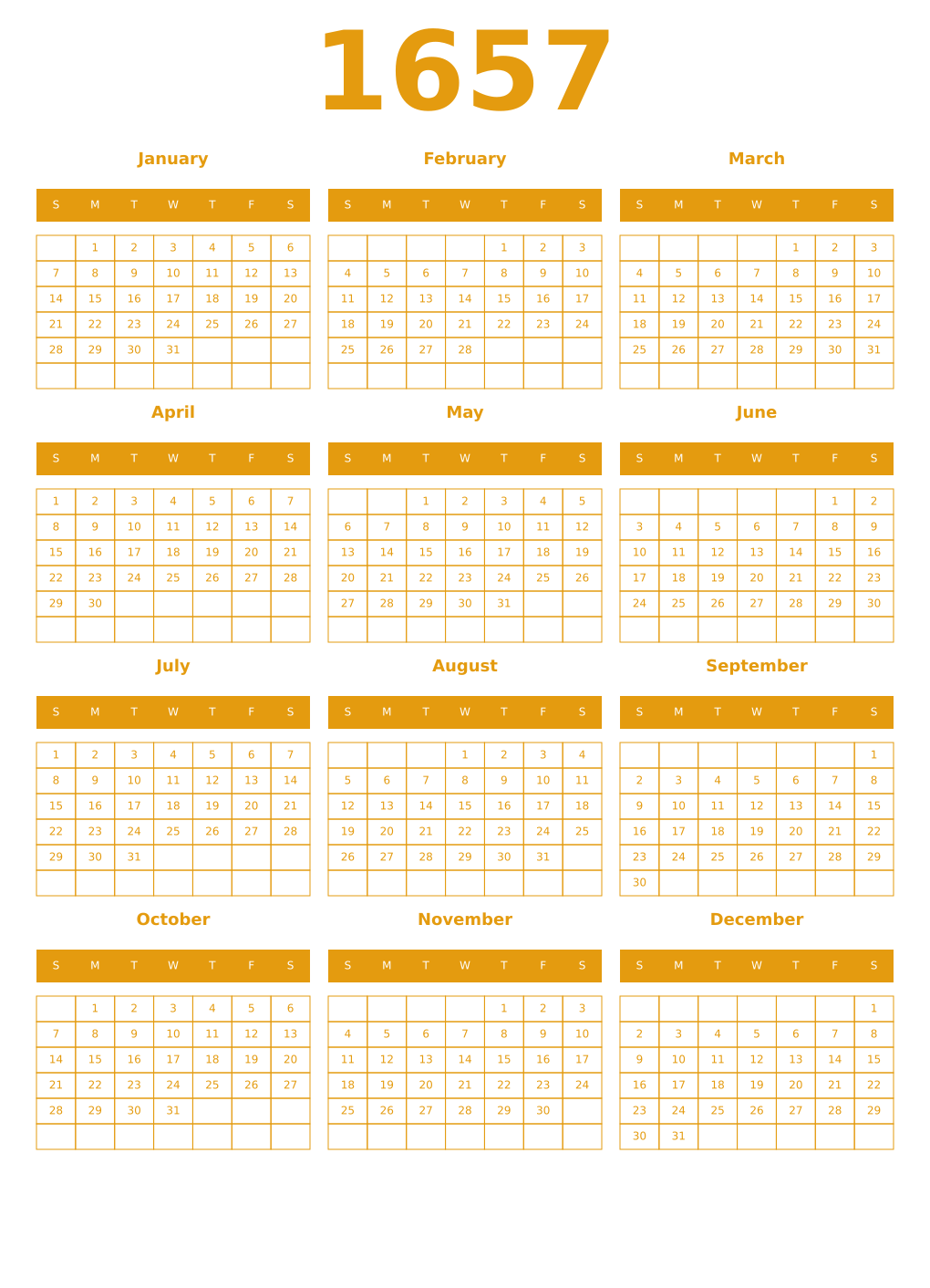 Printable 1657 Year Calendars gamboge