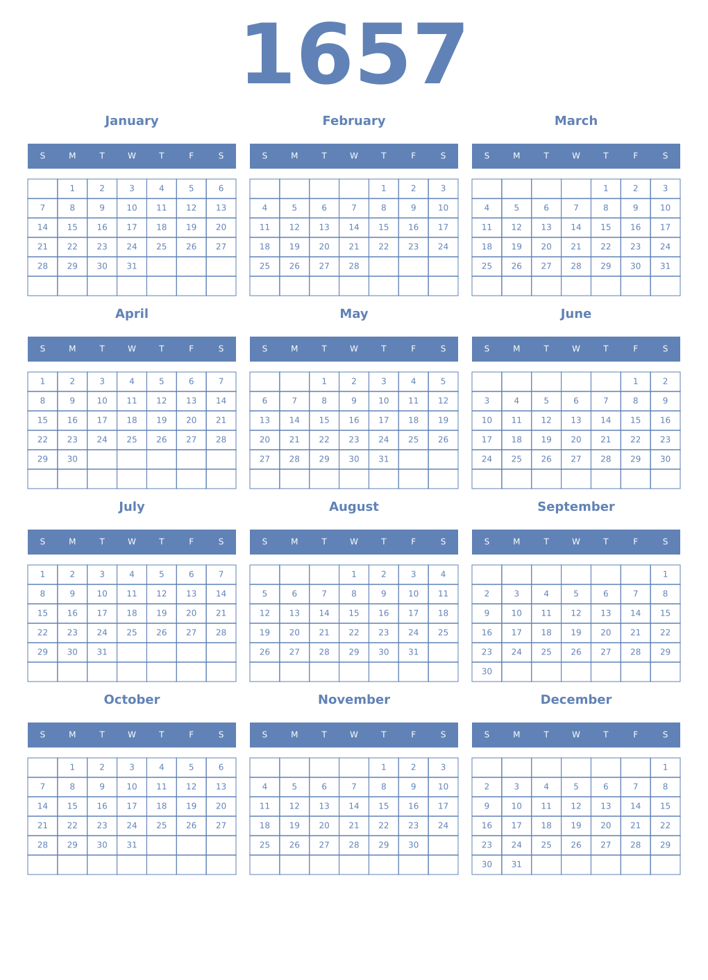 Printable 1657 Year Calendars glaucous