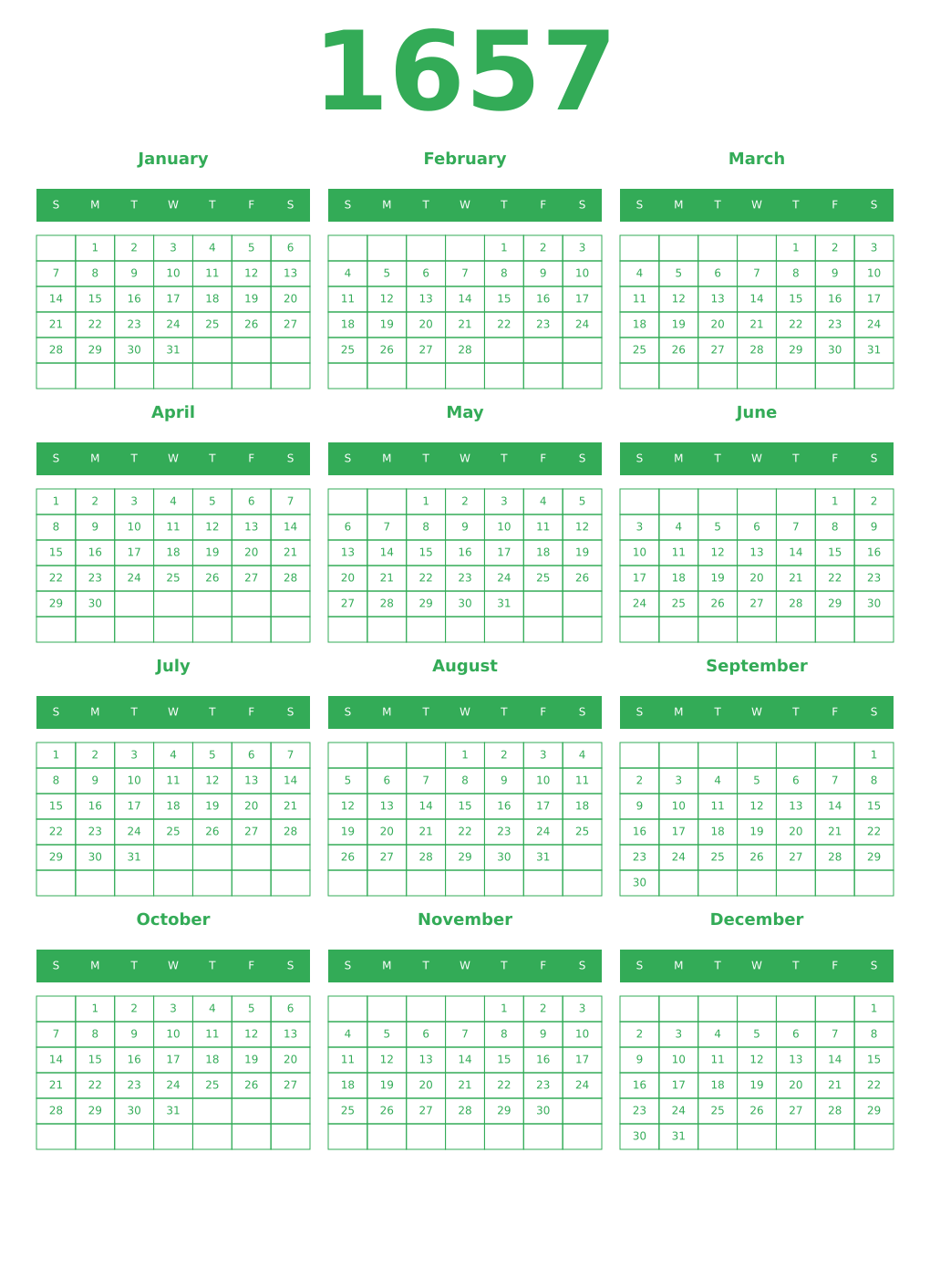 Printable 1657 Year Calendars green