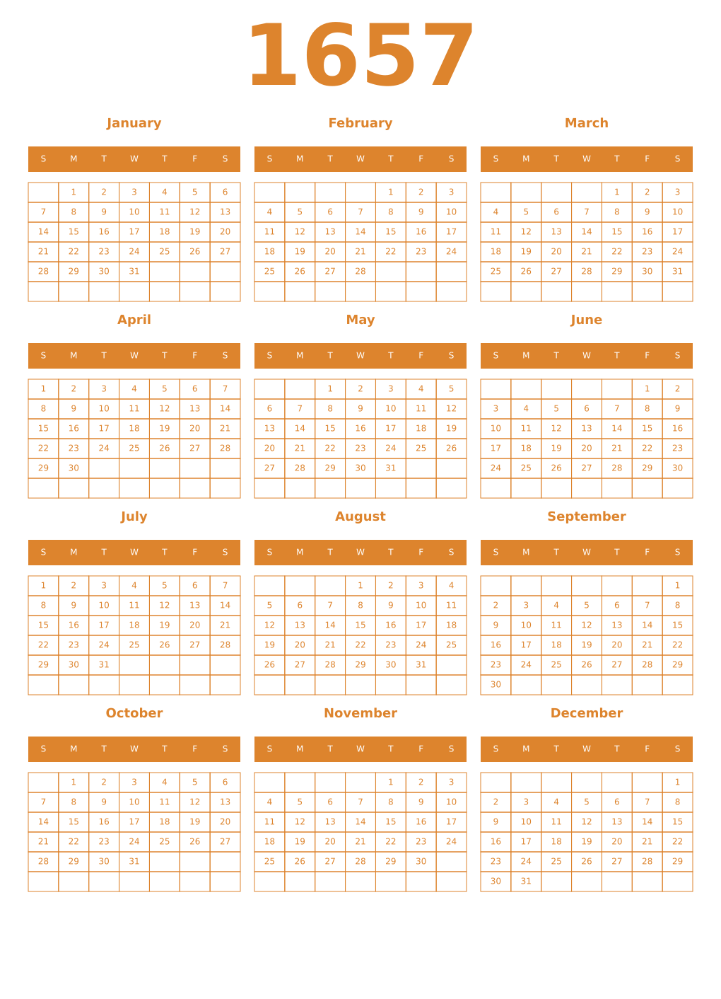Printable 1657 Year Calendars orange