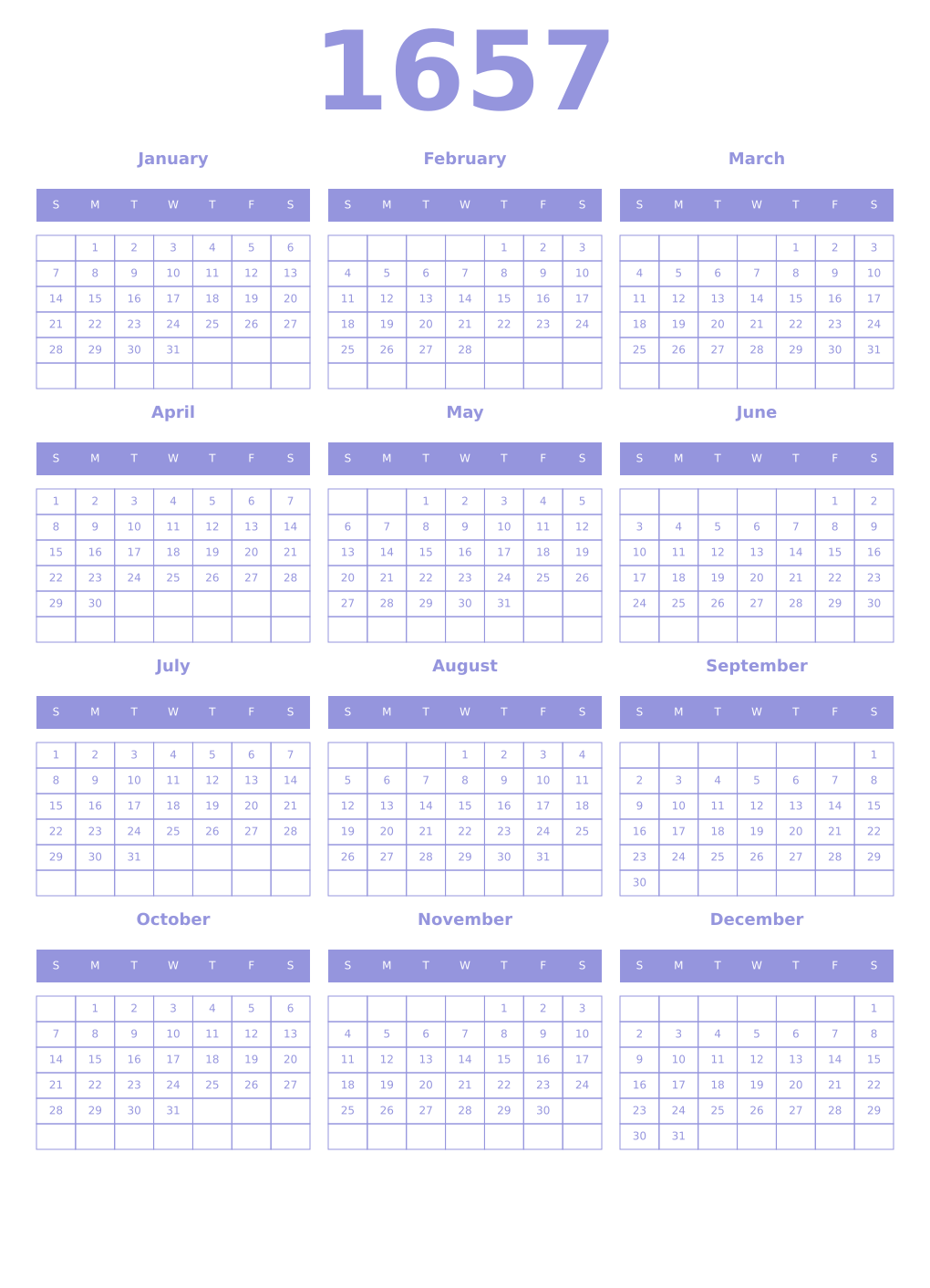 Printable 1657 Year Calendars periwinkle