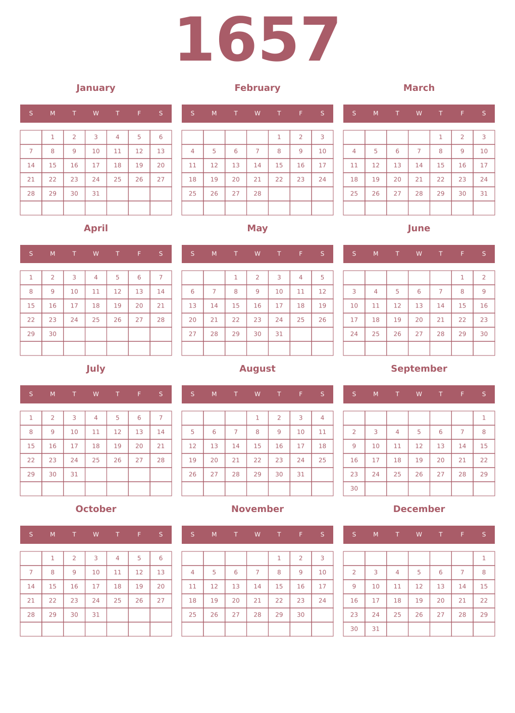 Printable 1657 Year Calendars puce