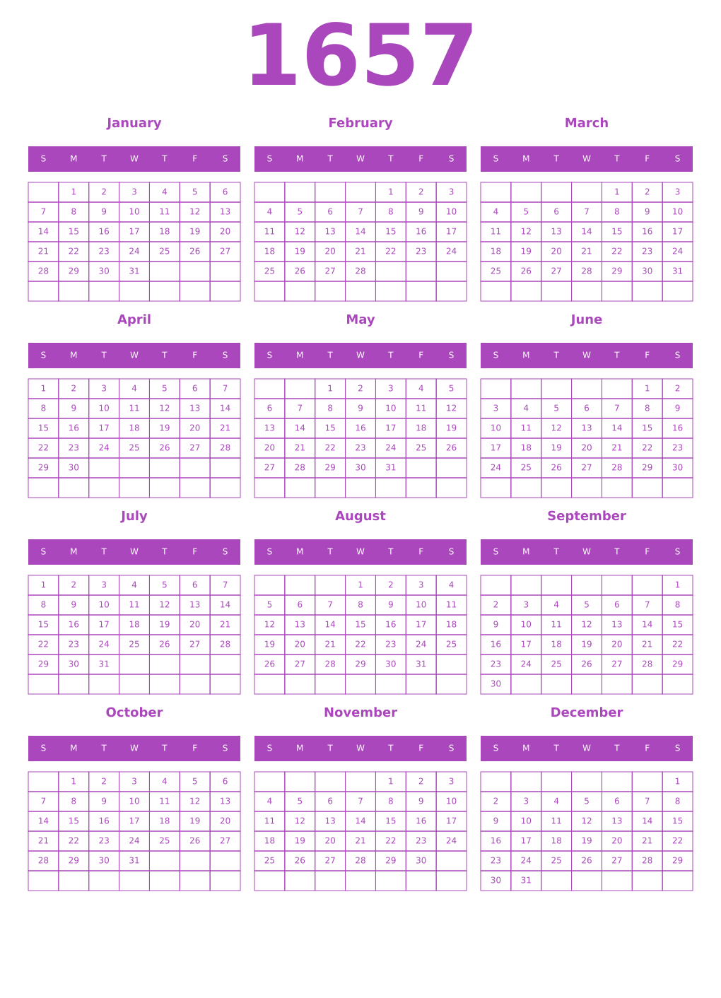 Printable 1657 Year Calendars purple