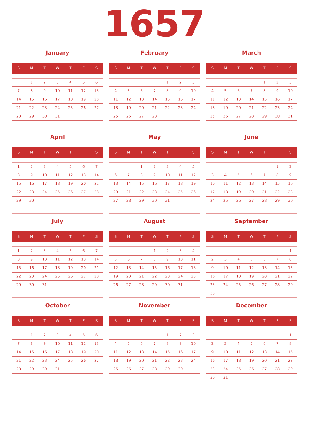 Printable 1657 Year Calendars red