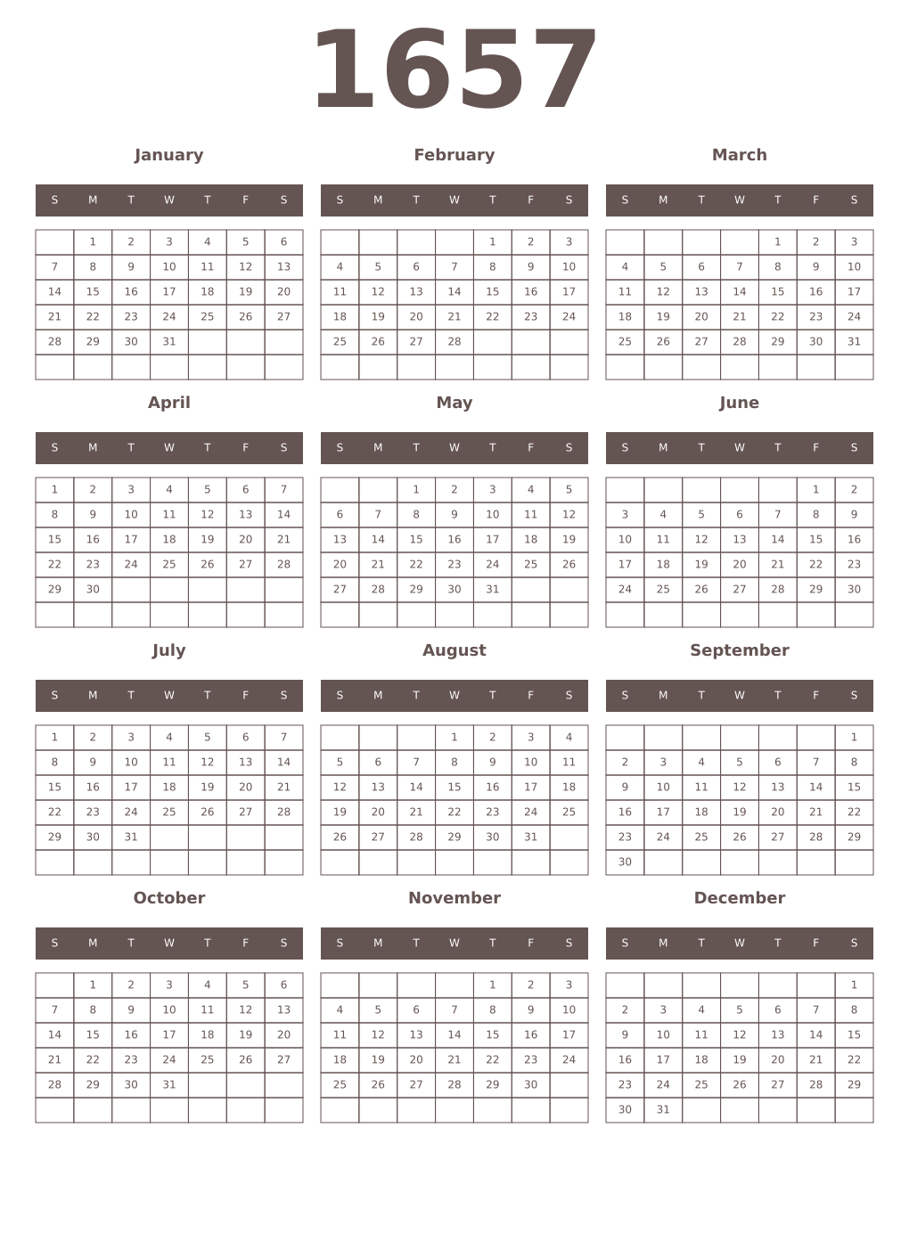 Printable 1657 Year Calendars wenge