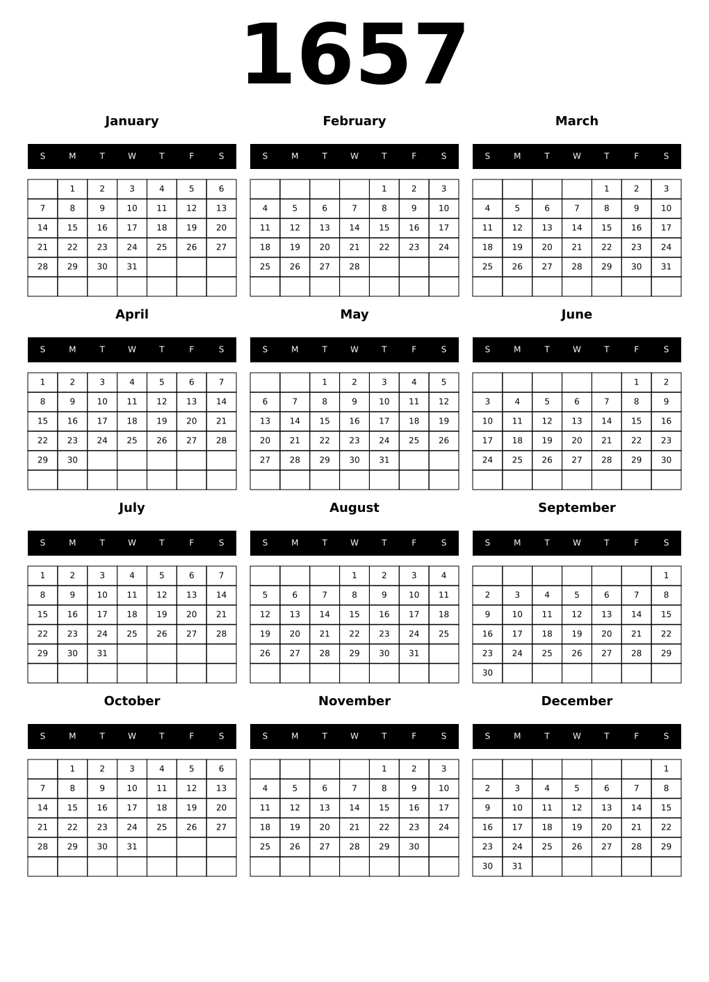 Printable 1657 Calendars