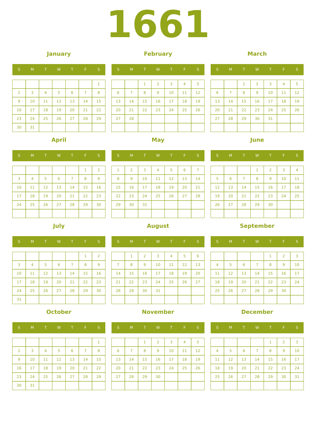 Printable 1661 Year Calendars chartreuse