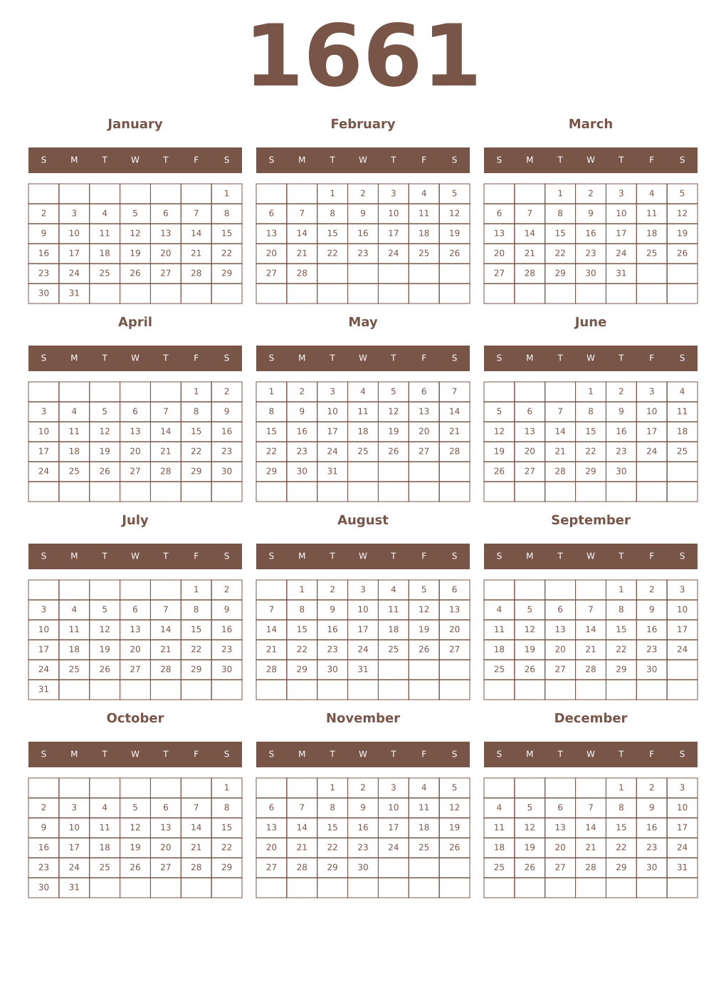 Printable 1661 Year Calendars coffe