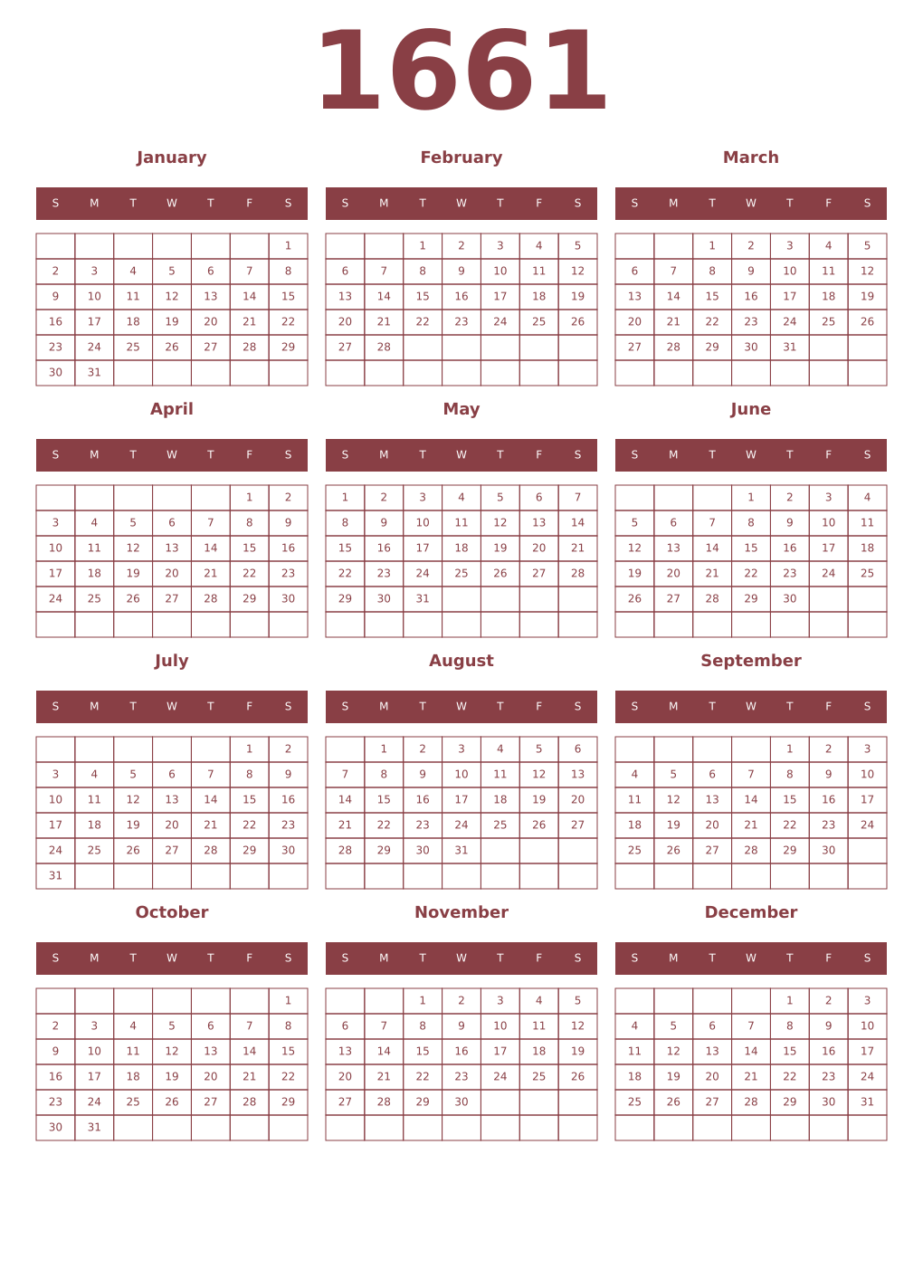Printable 1661 Year Calendars cordovan