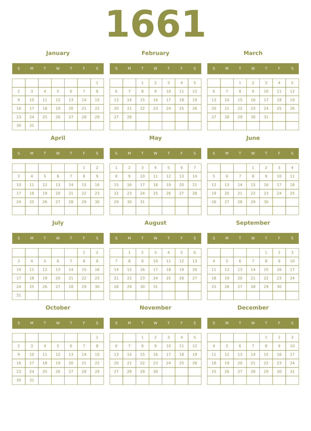 Printable 1661 Year Calendars eburnean