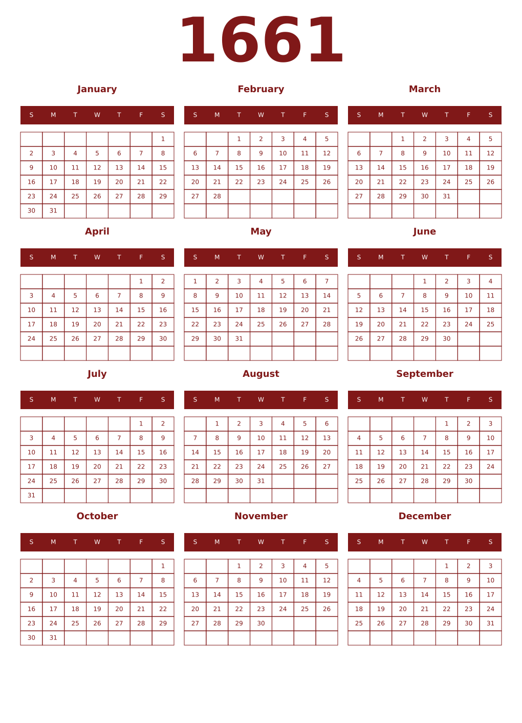 Printable 1661 Year Calendars falu
