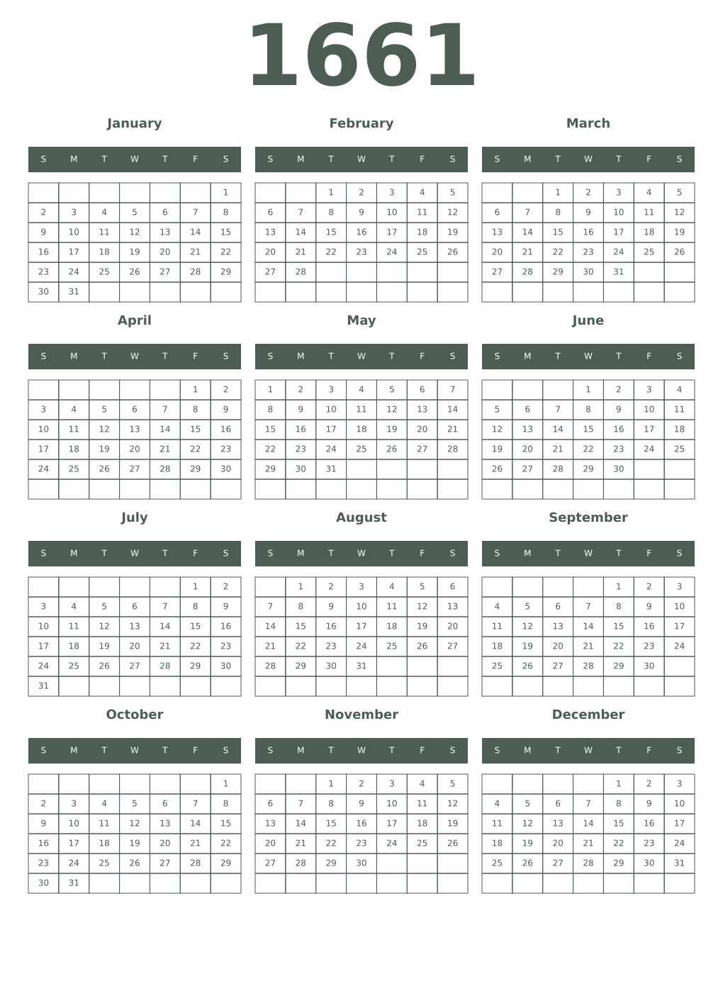 Printable 1661 Year Calendars feldgrau