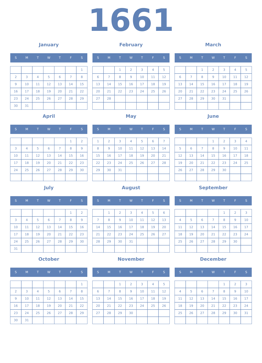 Printable 1661 Year Calendars glaucous