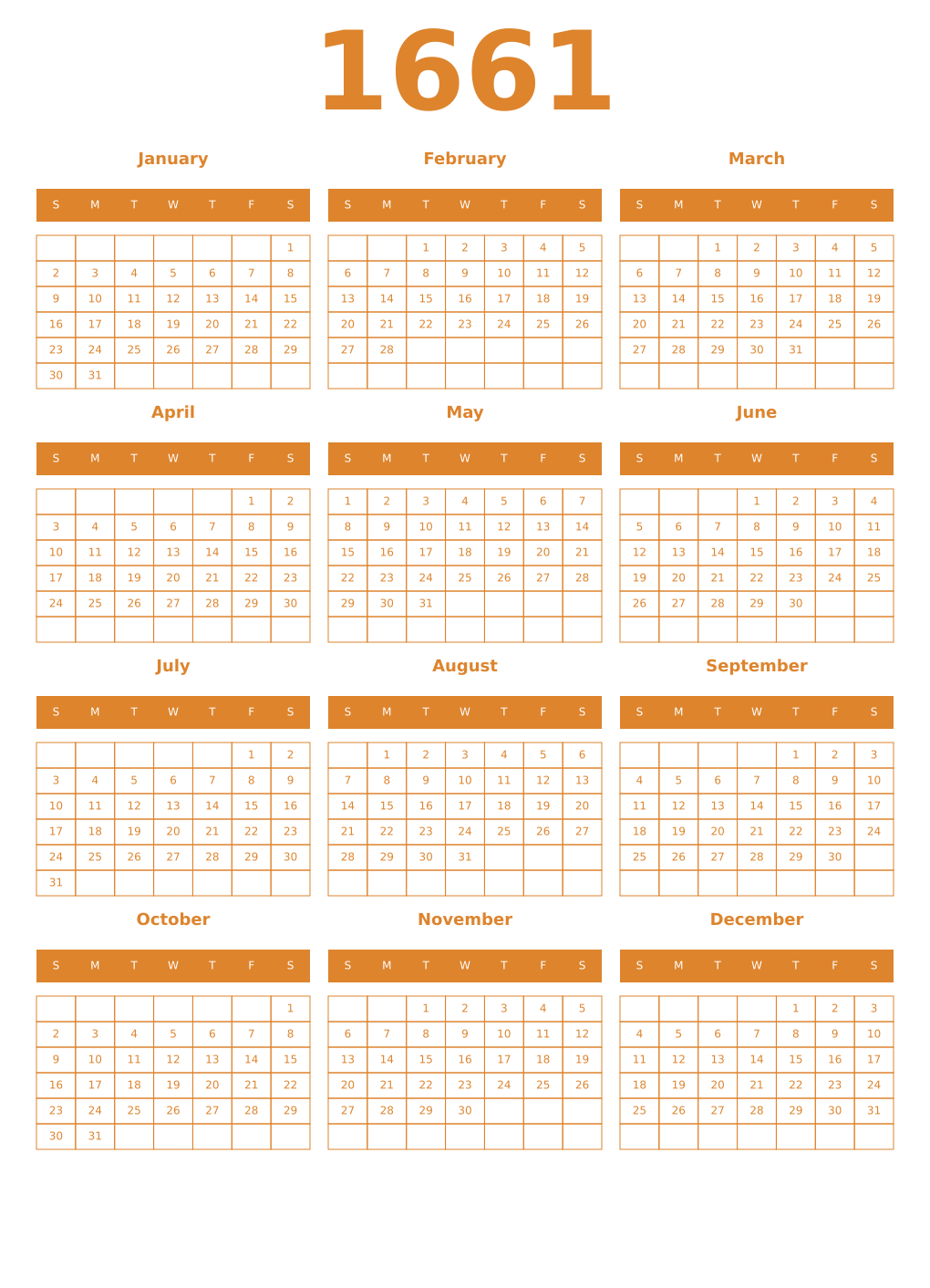 Printable 1661 Year Calendars orange