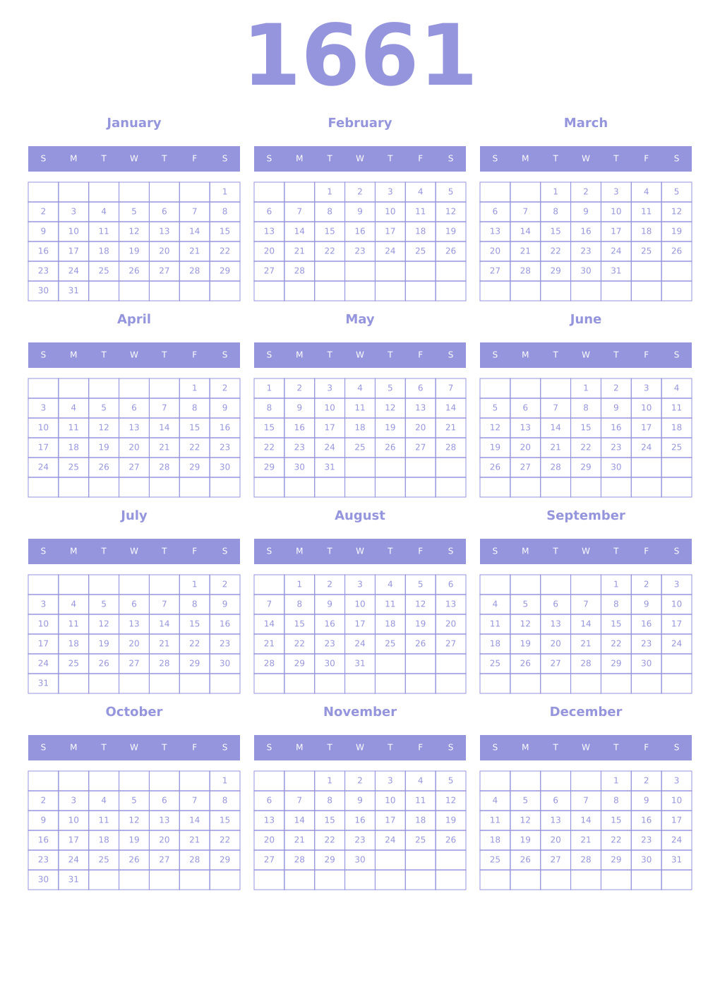 Printable 1661 Year Calendars periwinkle