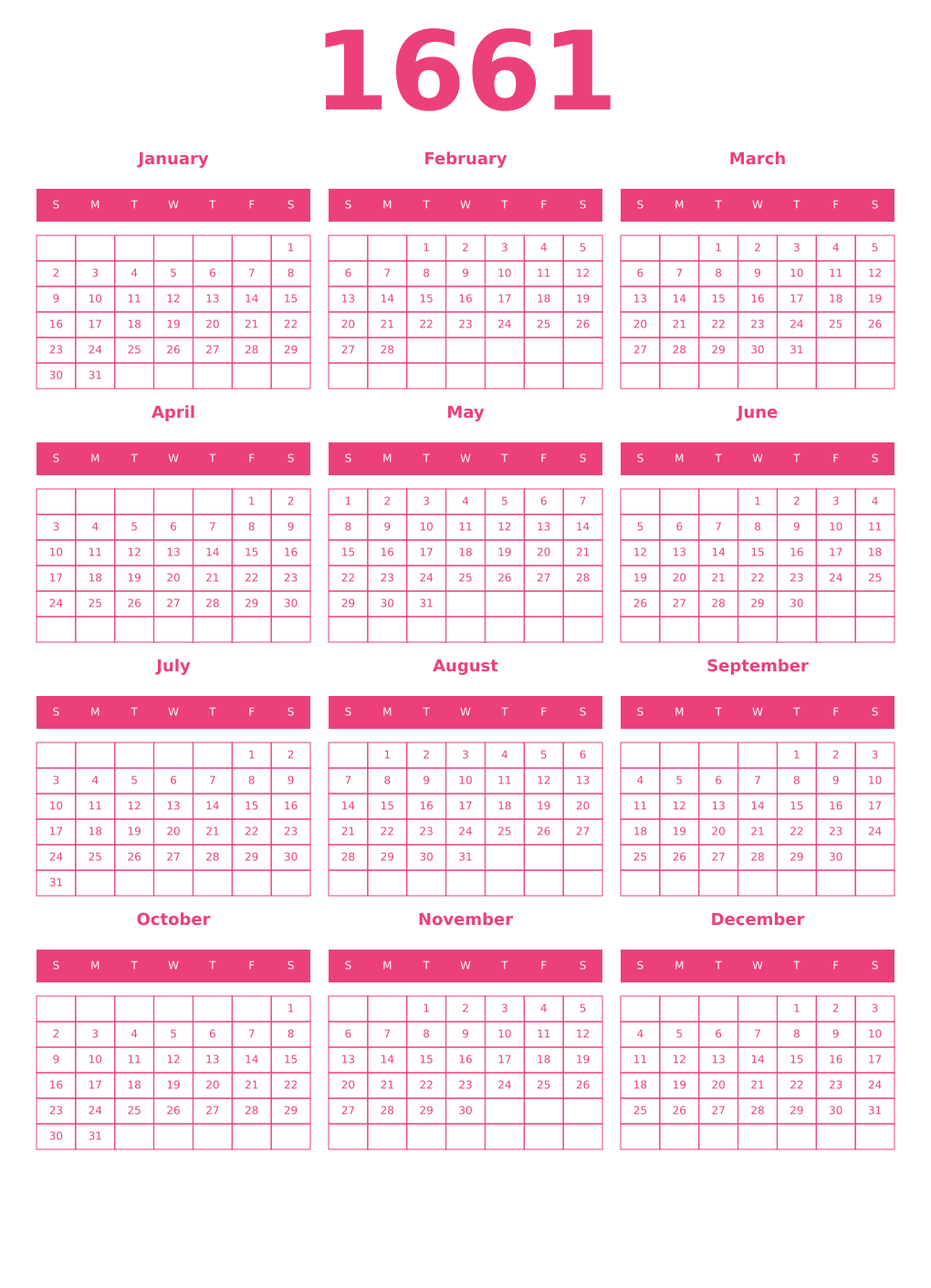 Printable 1661 Year Calendars pink