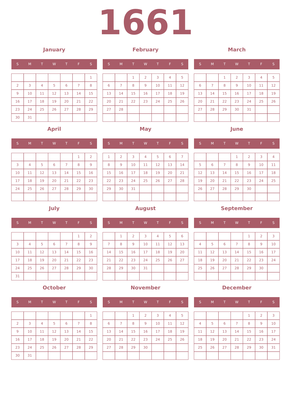 Printable 1661 Year Calendars puce