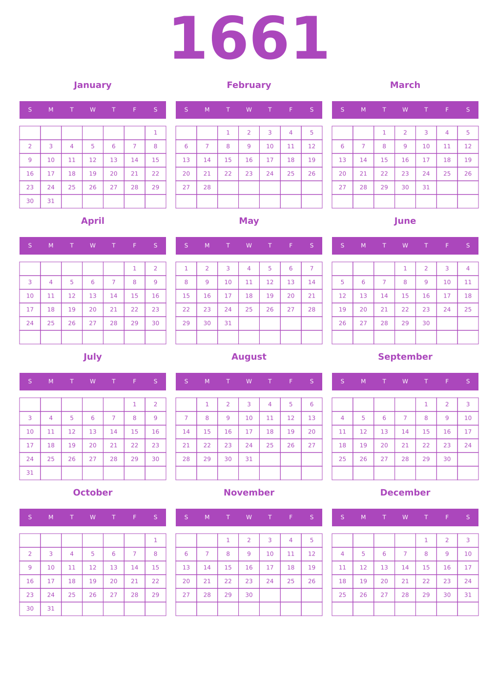 Printable 1661 Year Calendars purple