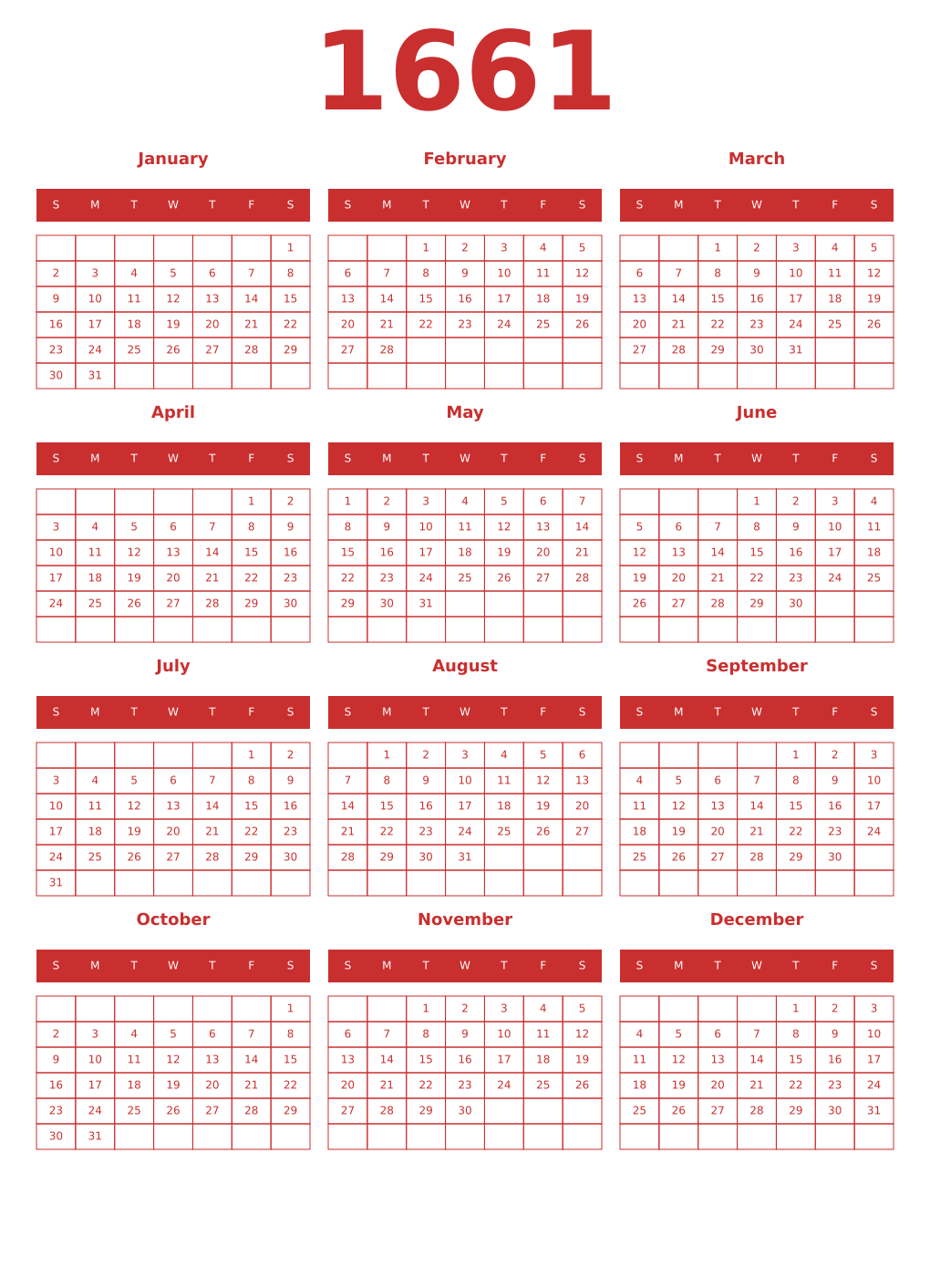 Printable 1661 Year Calendars red