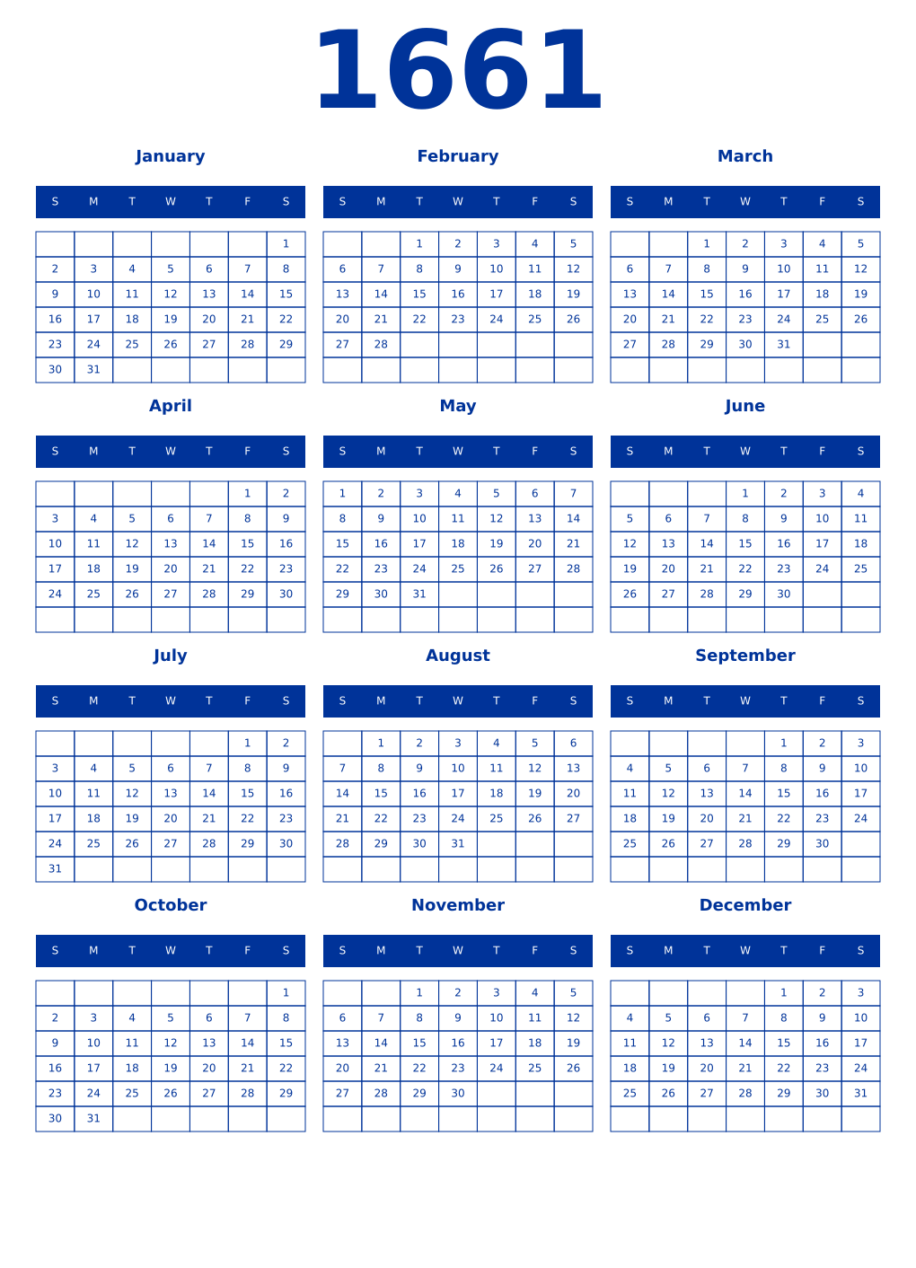 Printable 1661 Year Calendars smalt
