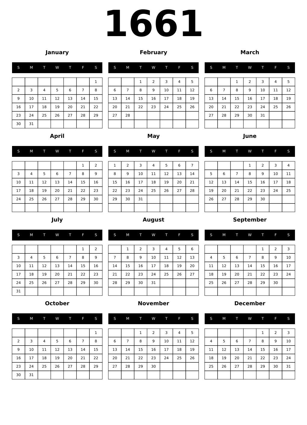 Printable 1661 Calendars